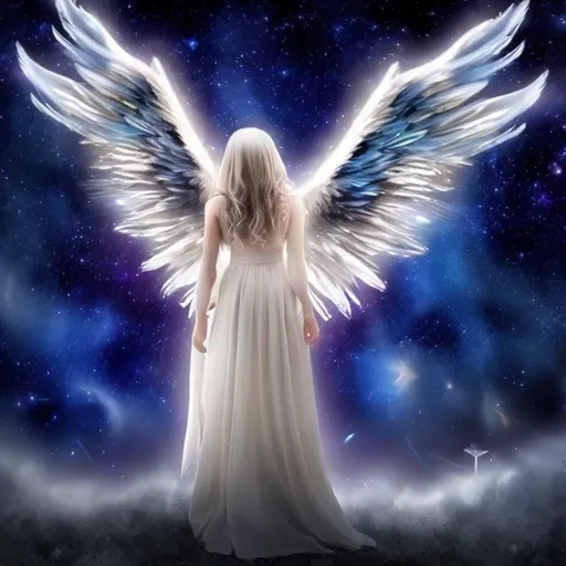 Prompt:  Angel fantasy fallen angel looking at the stars, we see him from behind