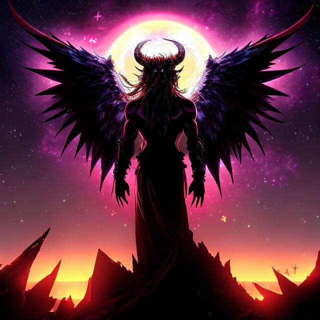 Prompt:  Demon fantasy fallen angel looking at the stars, we see him from behind