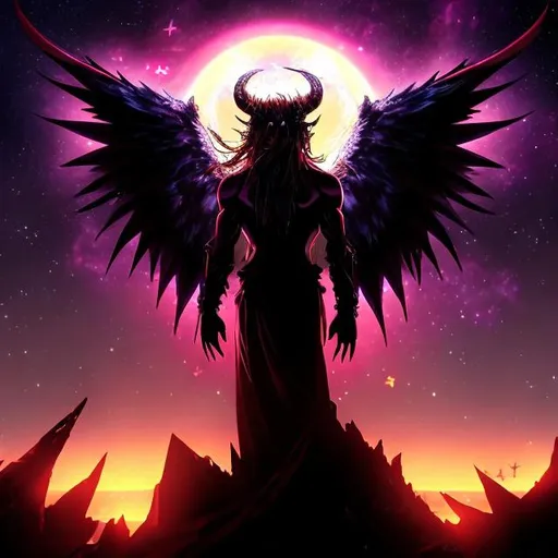 Prompt:  Demon fantasy fallen angel looking at the stars, we see him from behind