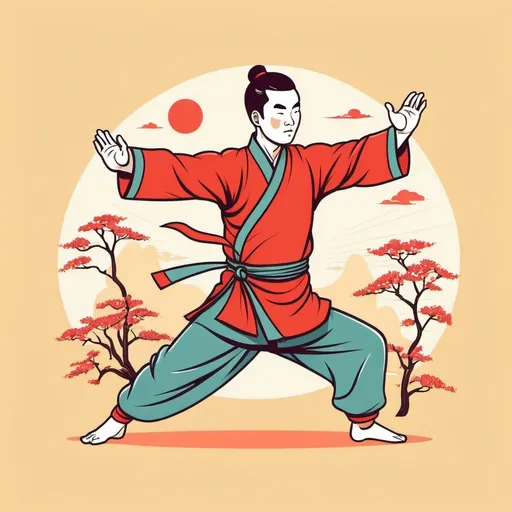 Prompt: A Chinese guy doing kung fu  whimsical, thin line art, flat color illustration