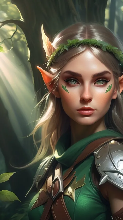Prompt: Elf ranger in a mystical forest around sunlight