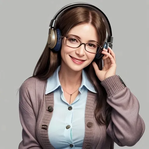 Prompt: woman in her 30s with glasses with a headset, brunette hair, smiling (friendly) wearing a cardigan