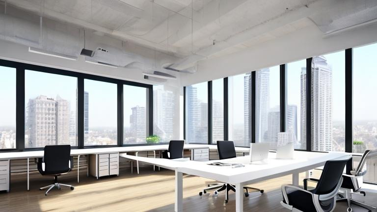 Prompt: Modern office room, natural light, panoramic windows, editorial realistic style, front view desk, spacious, natural color scheme, modern furniture desk, glass, modern office, work space