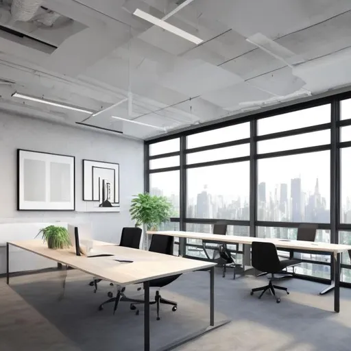 Prompt: Modern office room, natural light, panoramic windows, editorial realistic style, front view desk, spacious, natural color scheme, modern furniture desk, glass, modern office, work space
