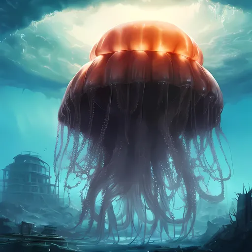 Prompt: Giant kaiju jellyfish looming over a ruined underwater city. 
