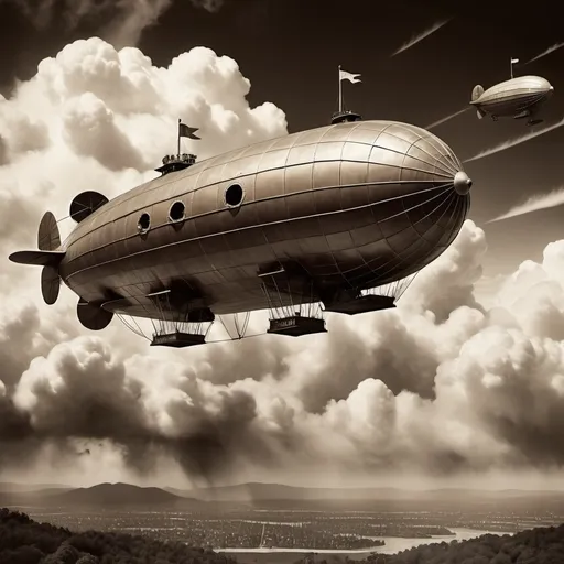 Prompt: Create a A 1920s silent film poster illustrating a daring airship battle in the sky, complete with dramatic cloud formations and bold, dramatic title fonts.