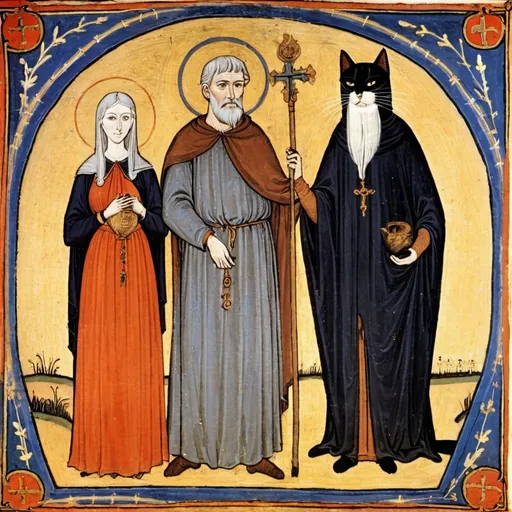 Prompt: Early medieval painting of a gray-haired man and his wife. There are also a black cat and a black-and-white cat in the pcture.