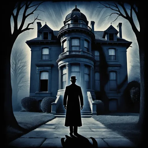 Prompt: Create a chilling 1920s silent film poster depicting a ghostly figure emerging from an old, eerie mansion, with exaggerated shadow effects and dramatic title text."