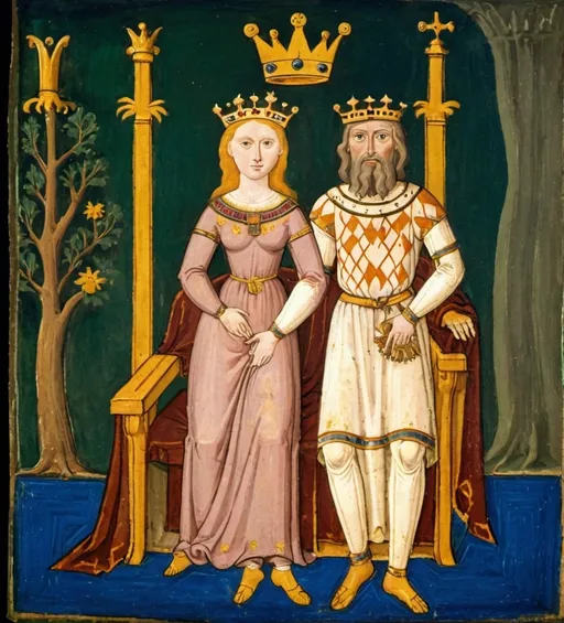 Prompt: Early medieval painting of a man king and queen