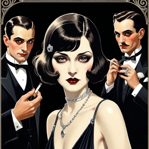 Prompt: Create a 1920s style poster for a silent film about a stylish vampire surrounded by attentive men in tuxedos. All of the men are extending lighters to light her cigarette, which she holds in a long jeweled holder. She has a sly knowing expression on her beautiful face. Add the title "The Vamp" in  an art deco font. Make the poster look like a movie poster from the early 1920s.