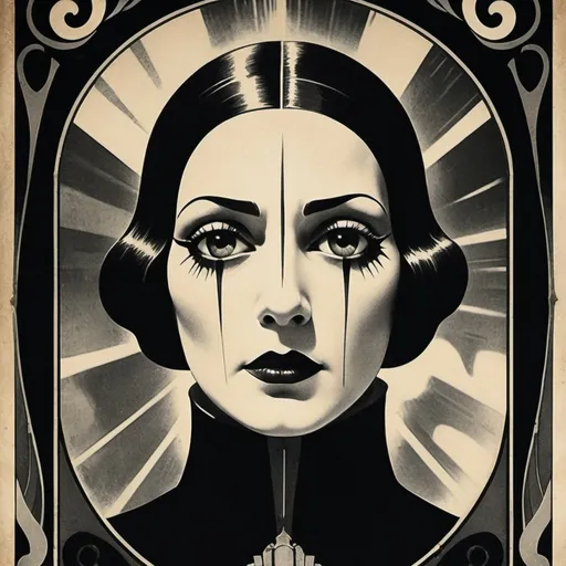 Prompt: Create a Silent film poster from the 1920s showing a menacing figure with a distorted face behind a cracked mirror, with high-contrast visuals and spooky, stylized fonts.