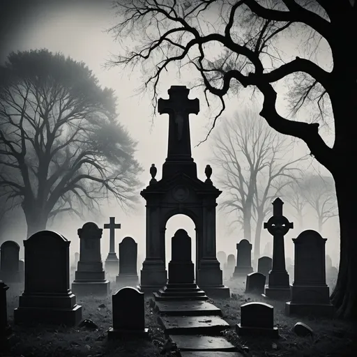 Prompt: Create a Silent film poster from the 1920s showing a creepy, fog-covered graveyard with a menacing silhouette lurking in the mist, featuring classic serif fonts and stark contrasts."