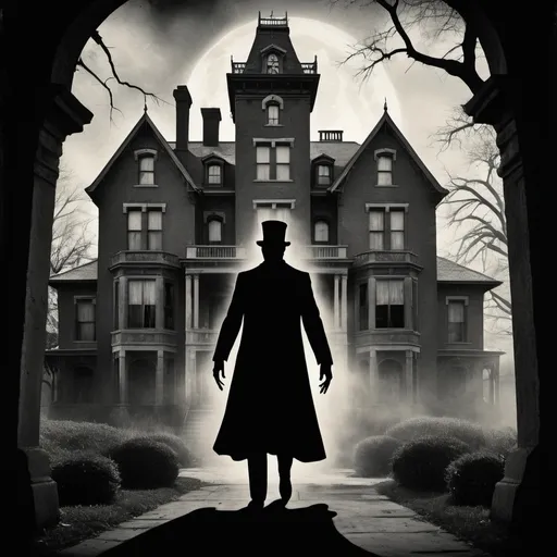 Prompt: Create a chilling 1920s silent film poster depicting a ghostly figure emerging from an old, eerie mansion, with exaggerated shadow effects and dramatic title text."