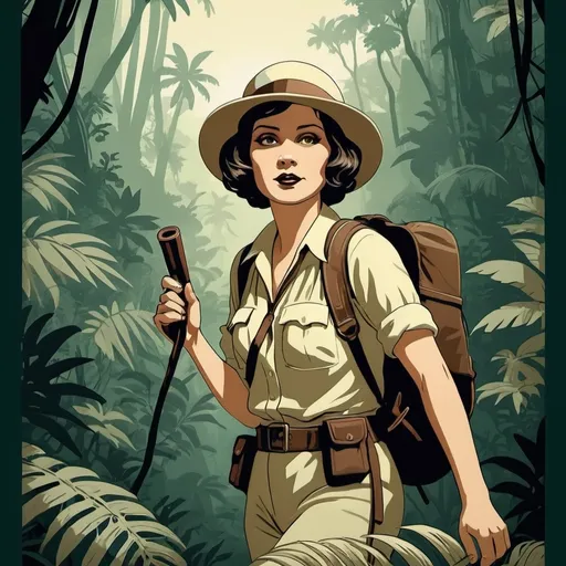 Prompt: Create a A 1920s silent film adventure poster featuring an intrepid female explorer navigating through a dense jungle, with vintage-style illustrations and dynamic typography."