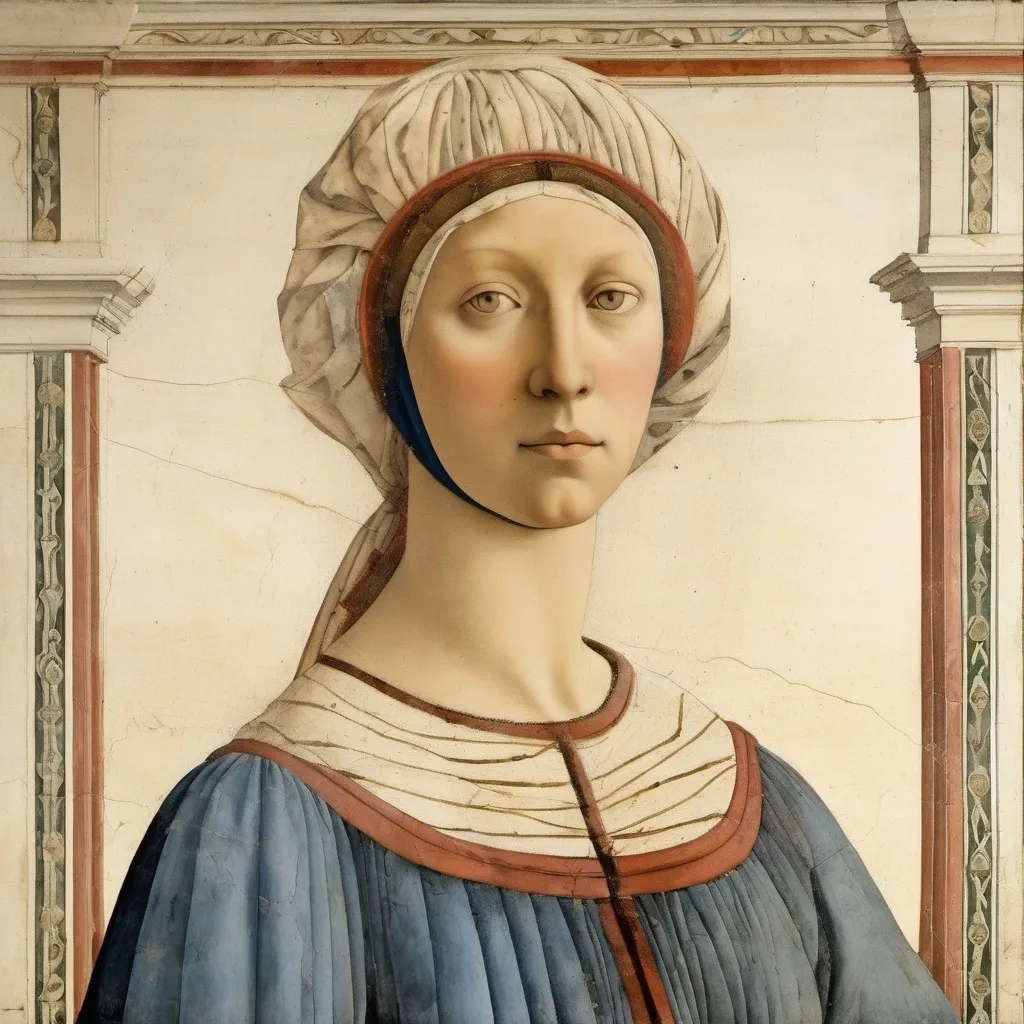 Prompt: Piero della Francesca style woman . Renaissance, fresco, mathematical, religious