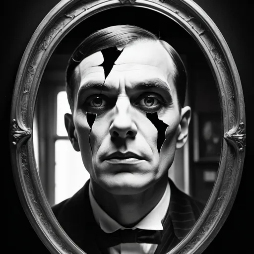 Prompt: Create a Silent film poster from the 1920s showing a menacing figure with a distorted face behind a cracked mirror, with high-contrast visuals and spooky, stylized fonts.