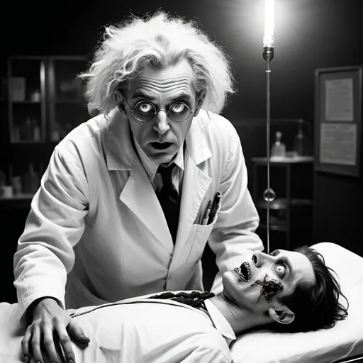 Prompt: Create a movie poster for a silent film about a mad scientist who creates zombies to do his bidding .  The scientist is wearing a white lab coat and his hair is on end. He is holding a syringe and is standing over an unconscious man on a stretcher. Make it look like a silent film poster.