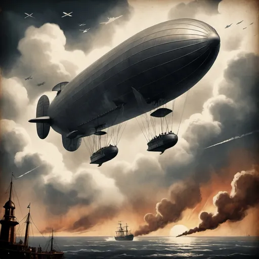 Prompt: Create a A 1920s silent film poster illustrating a daring airship battle in the sky, complete with dramatic cloud formations and bold, dramatic title fonts.