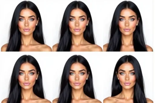 Prompt: photorealistic female human f59cfe1c with long black hair, bright blue eyes, full lips, dark eyebrows, pink makeup A composition featuring six different facial expressions of the character, from shoulders up, arranged in a grid pattern on a white background. The expressions include: Laughing: Wide smile, eyes crinkled, exuberant joy. Crying: Tears streaming, furrowed brows, open mouth. Angry: Furrowed brows, clenched teeth, intense gaze. Shy: Slight blush, eyes averted, small smile. Surprised: Raised eyebrows, wide eyes, open mouth. Scared: Wide eyes, open mouth, tense facial muscles. Character details remain consistent across all expressions with shoulders visible to frame the face. Each expression is clear and easily recognizable against the clean white background.