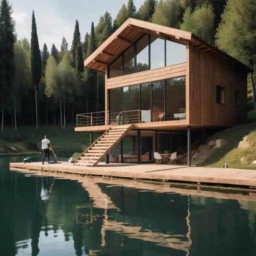 Prompt: Modern wood cabin located near Italian pond with people wakeboarding. The room setting is digital work environment for remote job. The dream job.