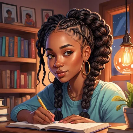 Prompt: Cartoon-style illustration of a young black woman with braided hair in her twenties, cozy and bookish vibe, writing her latest romance novel, detailed facial features, vibrant and expressive eyes, colorful and whimsical style, cozy atmosphere, warm and inviting lighting, high quality, cartoon, detailed braids, romantic writer, cozy, bookish, vibrant colors, expressive eyes, whimsical, warm lighting