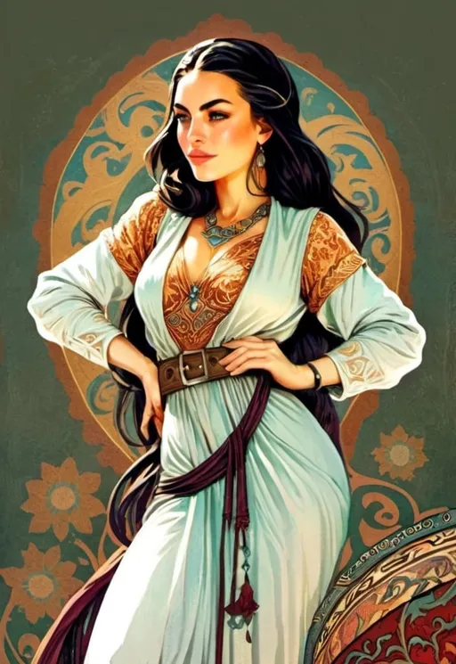 Prompt: A persian Woman cowboy, landfields, detailed, dark colors, dramatic, graphic novel illustration,  2d shaded retro comic book in sketchbook in background persian carpet