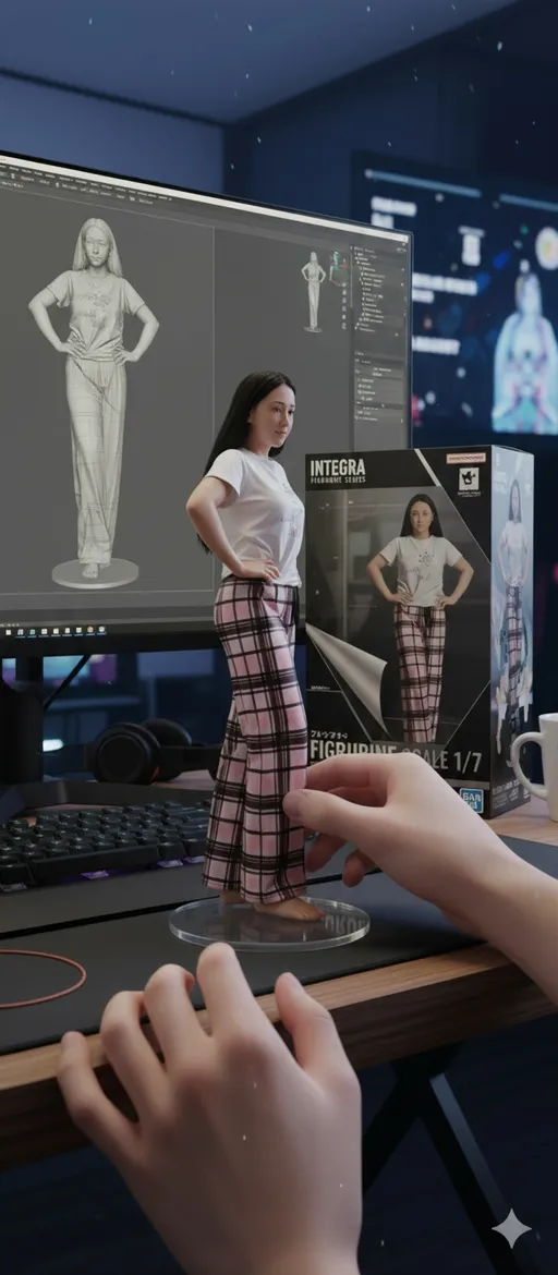 Prompt: @JHNJSH:Two hands gently pick up the figure in the frame and rotate it slightly for inspection. The model on the computer screen and the model printed on the packaging box remain stationary, while all other background elements stay unchanged.