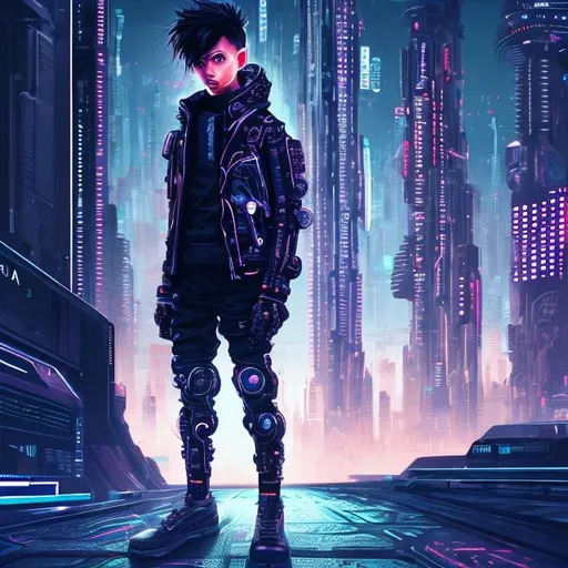 Prompt: Futuristic full body illustration of a stylish boy, high-tech clothing with glowing accents, urban cyberpunk setting, futuristic cityscape in the background, detailed features with futuristic elements, intense and confident expression, best quality, highres, ultra-detailed, futuristic, cyberpunk, stylish design, professional, atmospheric lighting