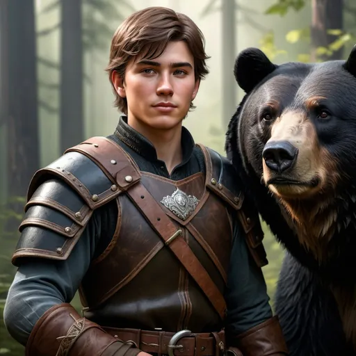 Prompt: Photorealistic portrait of a kind young male human ranger with short brown hair and a pet bear, black bear, leather armor, forest setting, atmospheric light, DnD, DnD style, high quality, detailed hair, realistic lighting, professional, detailed facial features, detailed coloring, high resolution, realistic rendering, detailed hands