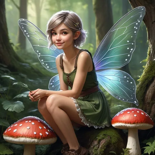 Prompt: Photorealistic picture of a small female fairy sitting on a toadstool, fairy wings on back, older, short hair, mischievous, modest clothing, DnD character, fantasy style, high quality, forest setting, detailed hair, detailed facial features, detailed coloring, high resolution, detailed hands, flat chest
