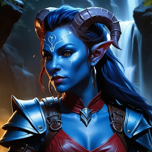 Prompt: Digital painting of a blue female tiefling rogue in light armor, blue skin, blue skin tone, waterfall setting, atmospheric lighting, Inspired by DnD, LOTR, DnD character, high quality, realistic lighting, detailed facial features, realistic hands, professional, Todd Lockwood style, detailed coloring, detailed, atmospheric lighting, subtle ears, blue red