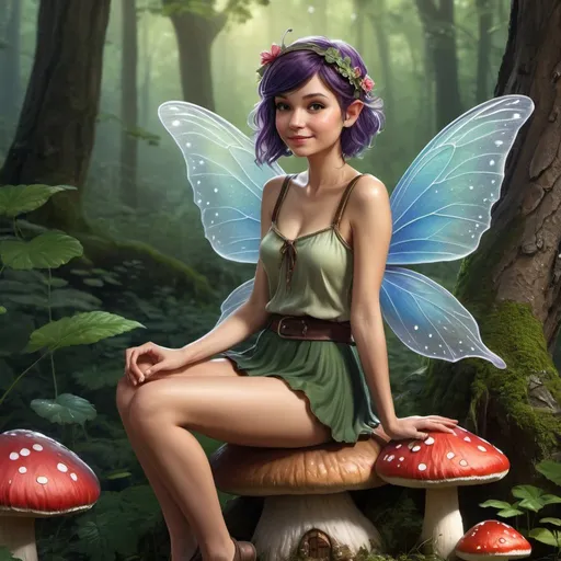 Prompt: Photorealistic picture of a small female fairy sitting on a toadstool, fairy wings on back, older, short hair, mischievous, modest clothing, DnD character, fantasy style, high quality, forest setting, detailed hair, detailed facial features, detailed coloring, high resolution, detailed hands, flat chest