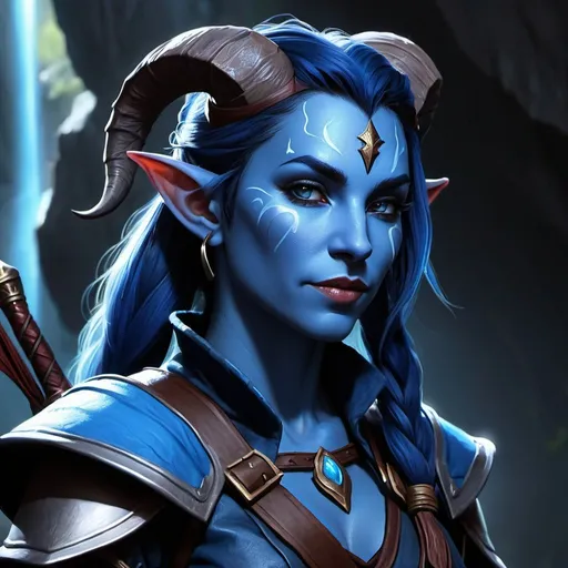 Prompt: Digital painting of a blue female tiefling rogue in light armor, blue skin, blue skin tone, high quality, detailed hair, waterfall setting, atmospheric lighting, Inspired by DnD, LOTR, DnD character, high quality, realistic lighting, detailed facial features, realistic hands, professional, Todd Lockwood style, detailed coloring, detailed, atmospheric lighting, subtle ears, blue black, realistic lighting, professional, detailed facial features, detailed coloring, high resolution, realistic rendering, detailed hands, Jester Lavorre, subtle ears, critical role