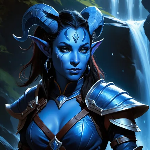 Prompt: Digital painting of a blue female tiefling rogue in light armor, blue skin, blue skin tone, waterfall setting, atmospheric lighting, Inspired by DnD, LOTR, DnD character, high quality, realistic lighting, detailed facial features, realistic hands, professional, Todd Lockwood style, detailed coloring, detailed, atmospheric lighting, subtle ears, blue black