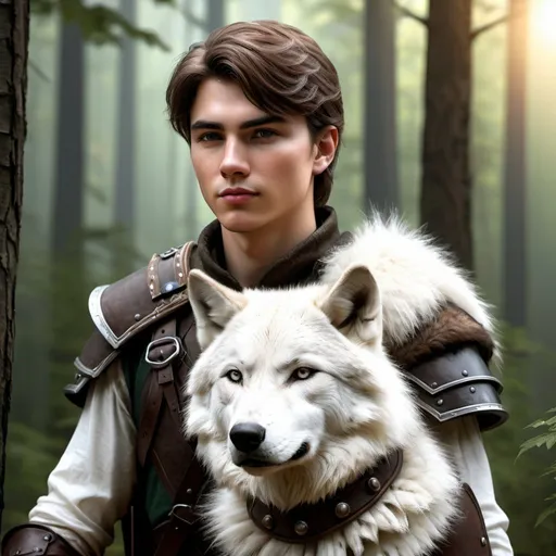Prompt: Photorealistic portrait of a kind young male human ranger with short brown hair and a pet wolf, white wolf, leather armor, forest setting, atmospheric light, DnD, DnD style, high quality, detailed hair, realistic lighting, professional, detailed facial features, detailed coloring, high resolution, realistic rendering, detailed hands