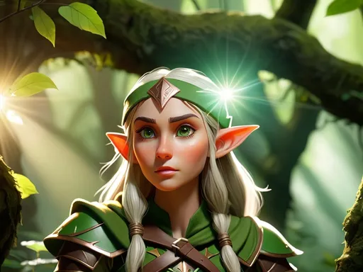 Prompt: Elf ranger in a mystical forest around sunlight