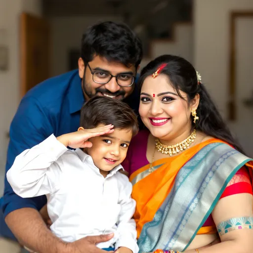 Prompt: A vibrant family moment is captured, showcasing a cheerful trio in a casual indoor setting, illuminated by soft, natural light filtering in from the nearby windows. The woman, adorned in a colorful traditional sari with intricate jewelry, smiles warmly at the camera, while the man beside her, wearing a blue shirt and glasses, leans in close with a friendly expression. In her arms is a young boy clad in a crisp white shirt, who playfully wipes his forehead with his hand, adding a delightful touch of spontaneity to the scene. The backdrop features a mix of light colors and minimal decor, emphasizing the intimate connection between the family members and the joyful mood of the moment.