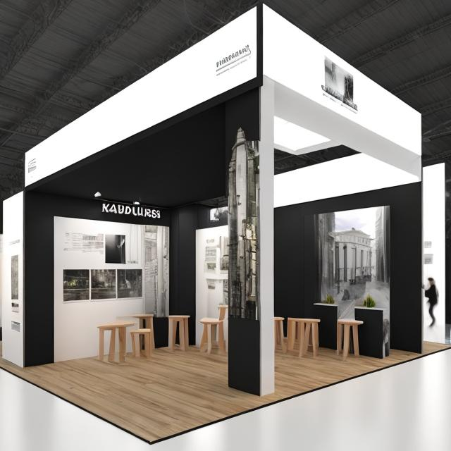 Prompt: exhibition stand using Kaunas city madernism architecture elements