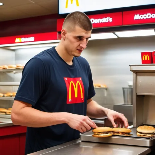 Prompt: nikola jokic flipping burgers in a mcdonalds