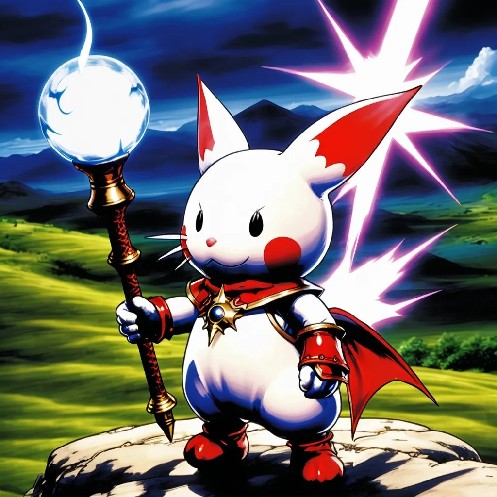 Prompt: Moogle from final fantasy, in armor holding a staff. Casting lightning strike on a nearby hilltop