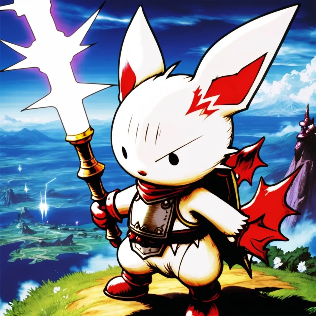 Prompt: Moogle from final fantasy, in armor holding a staff. Casting lightning strike on a nearby hilltop