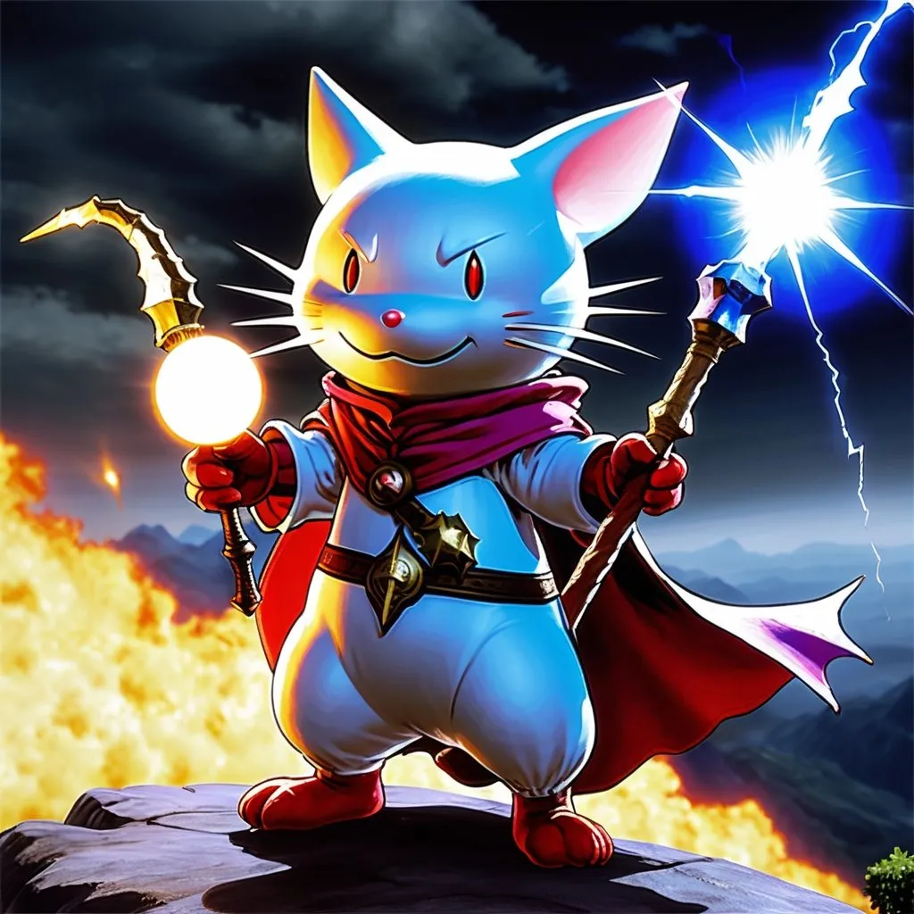 Prompt: Moogle from final fantasy, in wizard robes, holding a staff. Casting lightning strike on a nearby hilltop