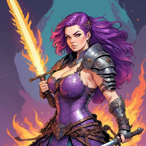 Prompt: Chubby 30 year old warrior princess, lace, purple hair, flaming sword, battle-ready, high quality, fantasy, vibrant colors, detailed armor, determined expression, dynamic pose, atmospheric lighting