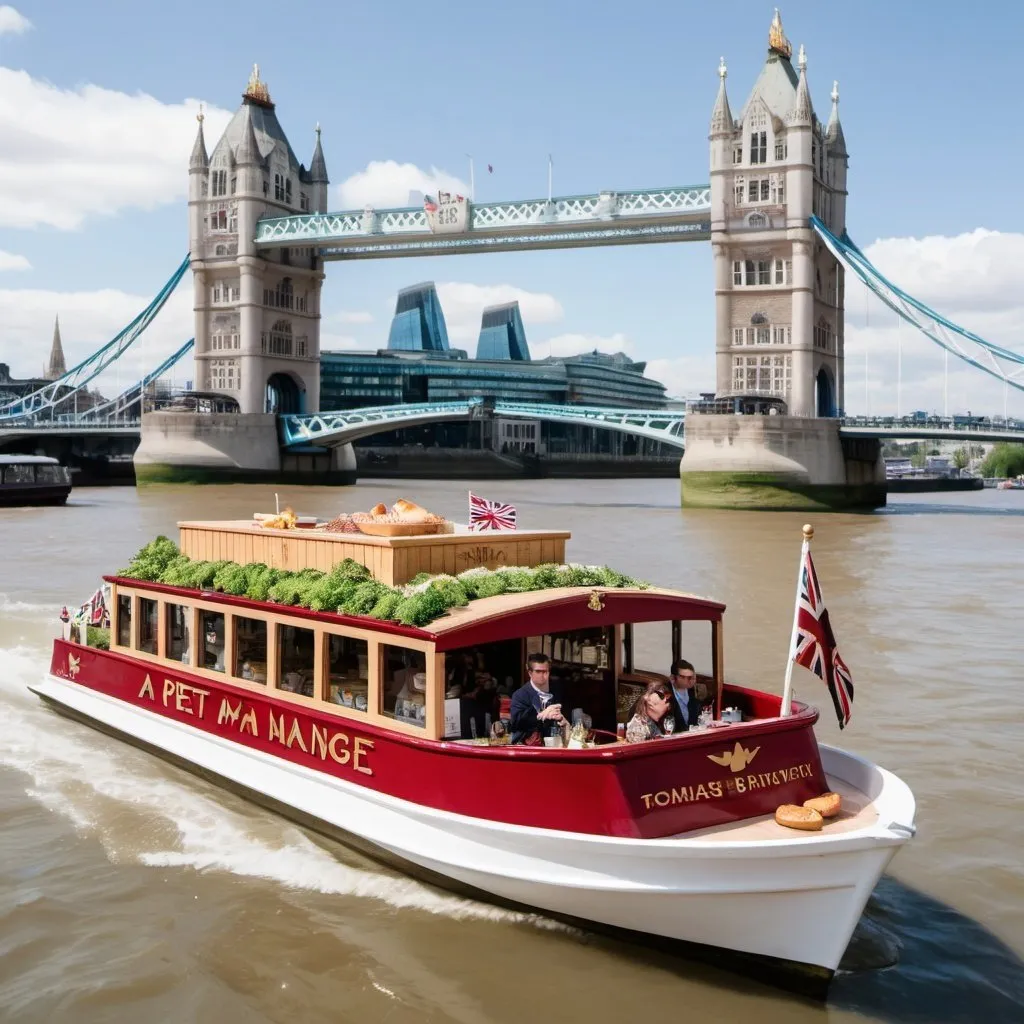 Prompt: A pret a manger themed boat on the thames river with Tower bridge