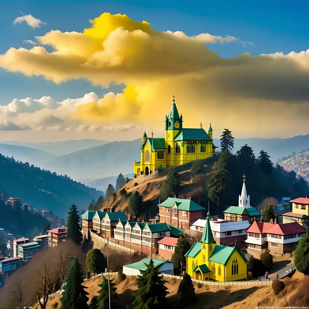 Prompt: Create a stylized scene overlooking the Shimla city from a distance. Make it in a style that no buildings are clearly identifiable. Ensure the building of Christ Church is visible in yellow. The image should , be in various shades of yellow, green, the skies bright in blue, with white clouds spread. The image should be bright overall. 