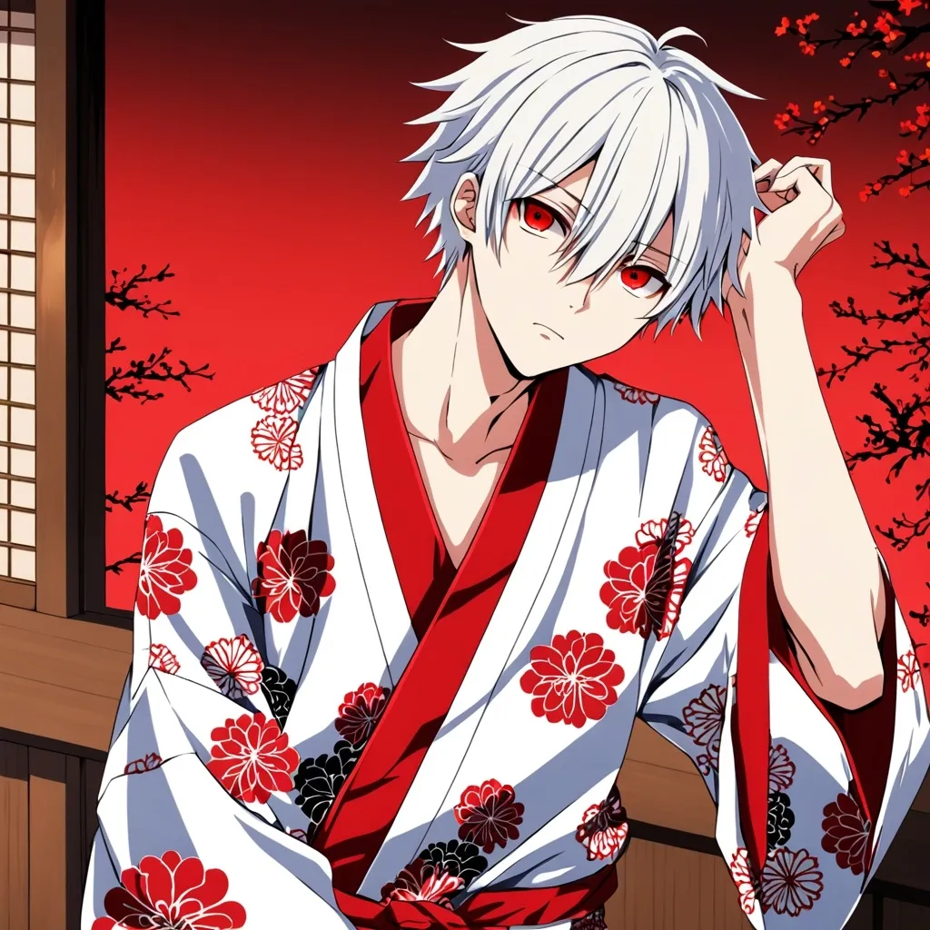 Prompt: anime boy bad eyes
 red red eyes withe hair yukata
