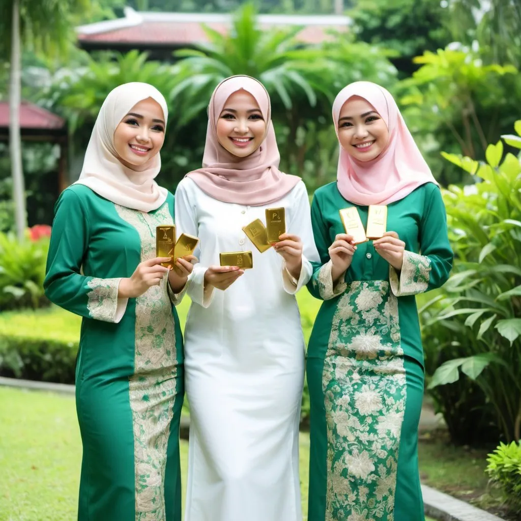 Prompt: three Malay Muslim beautiful lady smile cheerful, hold two goldbar , dress a white green baju kurung, infront of beautiful garden 