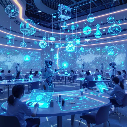 Prompt: "A futuristic classroom with students interacting with holographic displays, AI robots assisting in learning, 3D models floating in the air, modern architecture, bright and inspiring lighting, highly detailed, digital art."