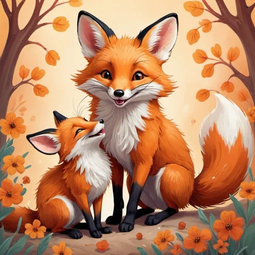 Prompt: Detailed illustration of a joyful fox and mouse, vibrant and cheerful, high-quality, digital painting, warm and inviting color palette, playful and whimsical, detailed fur and whiskers, friendly and heartwarming interaction, warm lighting, adorable wildlife, digital art, joyful expression, heartwarming scene