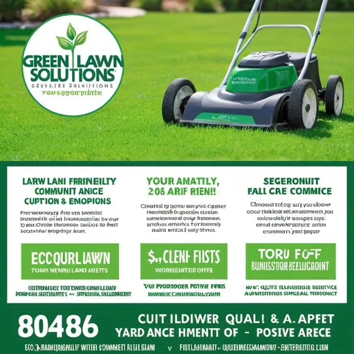 Prompt: business flyer for:

Green Lawn Solutions
Eco-Friendly Yard Care for a Greener Tomorrow
Customer Benefits:

Healthier environment
Quieter service
Improved lawn health
No gas smell
Support for sustainability
Safer equipment
Better air quality
Enhanced curb appeal
Positive community impact
Modern, innovative service
Special Offer:

10% off your first service!
Contact Information:

Phone: [Your Phone Number]
Website: [Your Website]
Social Media Icons
Featuring Eco-brand equipment for all your yard care needs.

Green Lawn Solutions provides top-quality, eco-friendly lawn care services that benefit both your lawn and the environment. Choose us for a sustainable, quieter, and healthier lawn care experience.